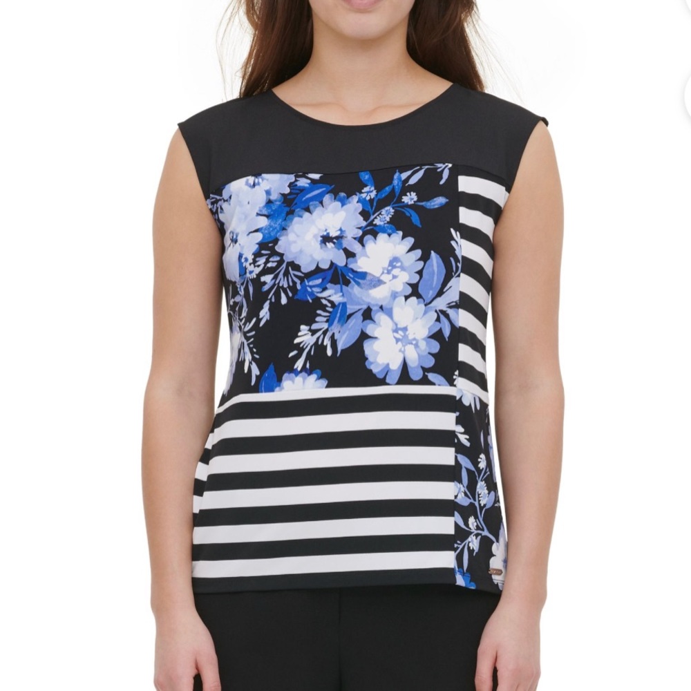 🔥NWT 🔥 CALVIN 🔥KLEIN 🔥BLACK FLORAL STRIPED SLEEVELESS TOP🔥